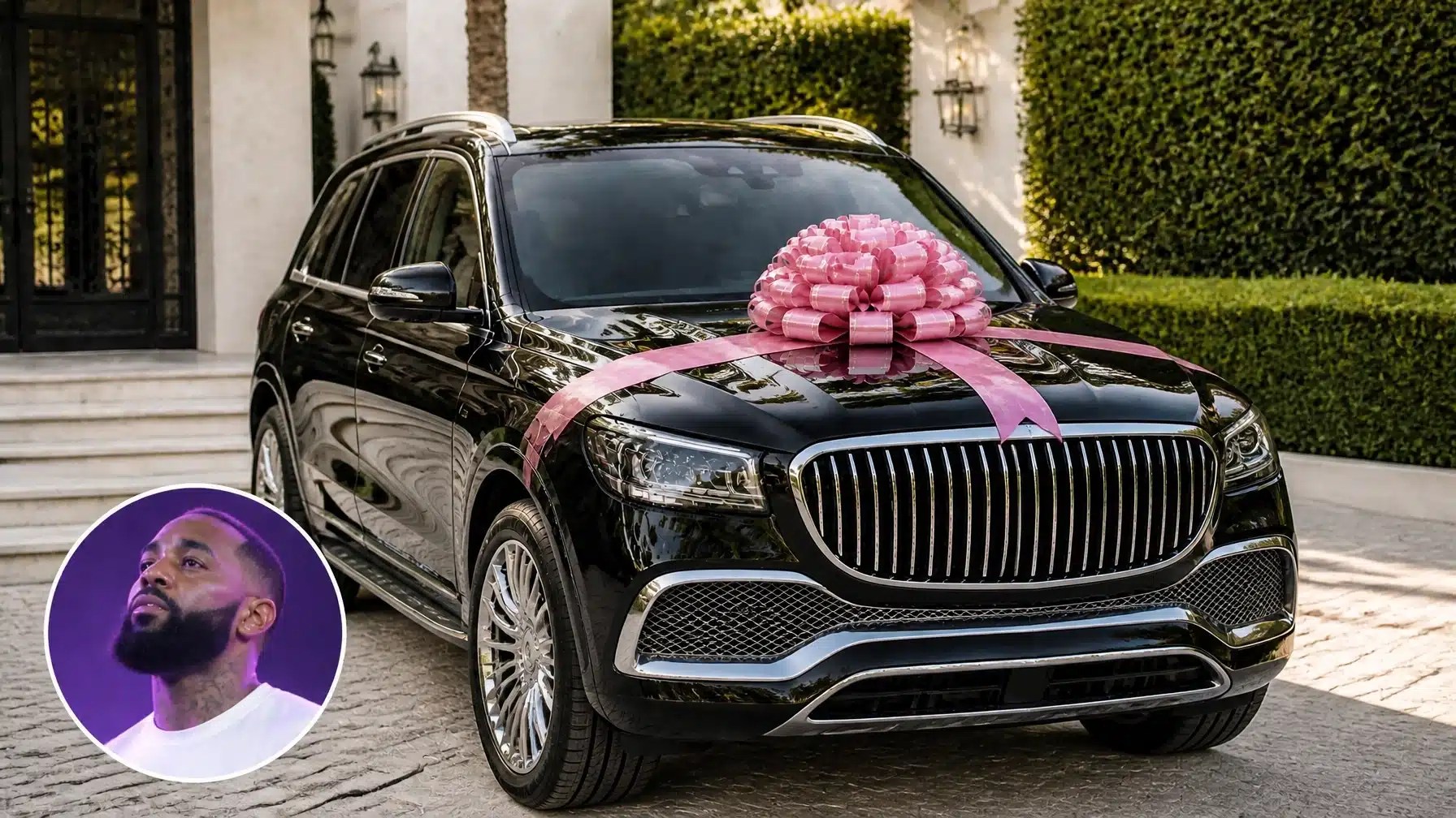 Black luxury SUV with a pink Sweet 16 bow and rapper The Game pictured in a circular inset after gifting his daughter a Maybach