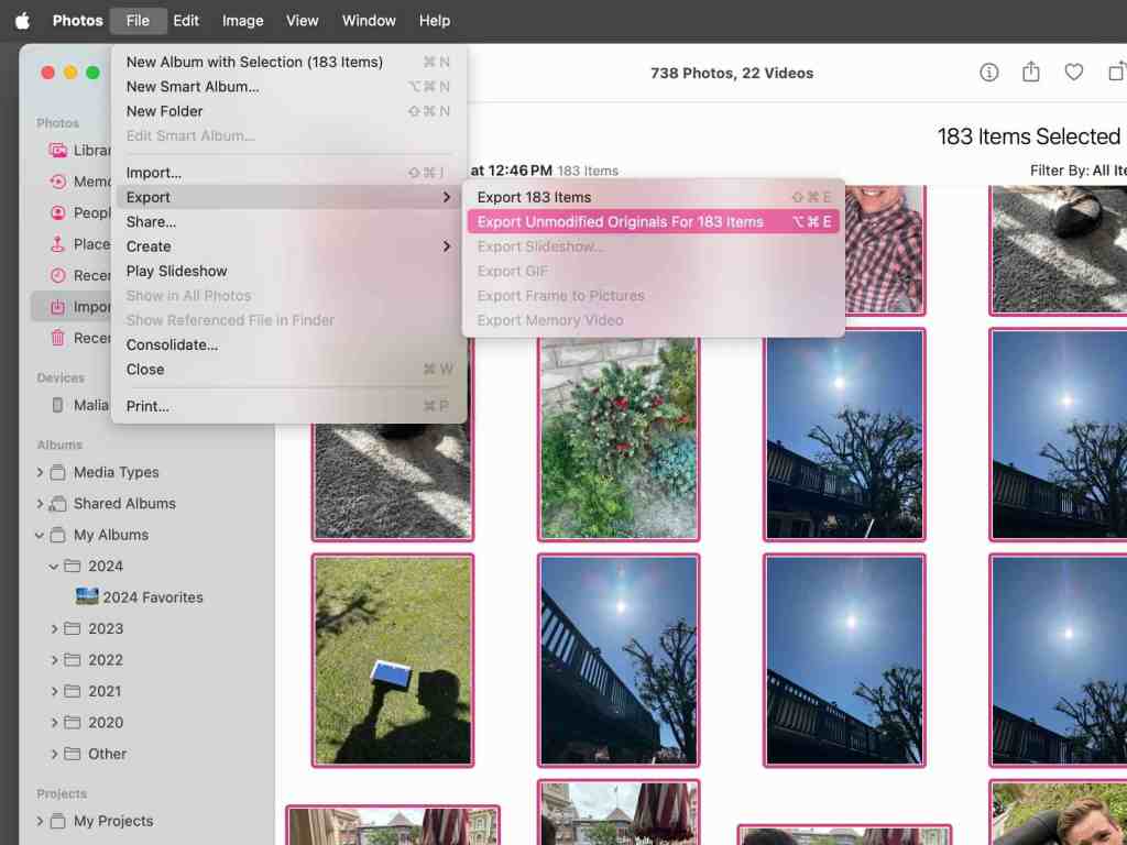 Screenshot of the Photos app, with menus open to show how to navigate to export.