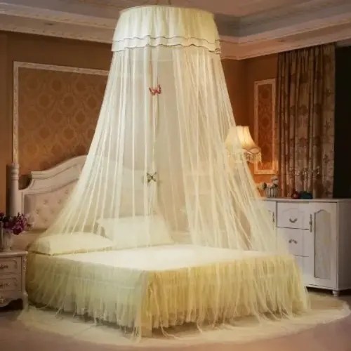 This pink mosquito net is made up of 100% nylon. It can be used at home, outdoor, camping and travel. It is easily foldable and the top is made up of 1.2 m. It has a 360 degree round-able mosquito proof. Height is 3 meter.