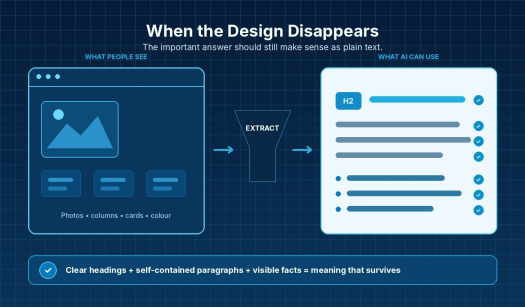 Diagram showing a designed webpage being reduced to headings, paragraphs, lists and other extractable content