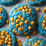 Bright blue raspberry lemonade cookies with lemon chips.