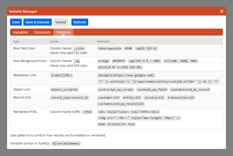 The SuiteQL Studio Variable Manager modal with the Patterns subtab selected showing the different possible patterns available to use