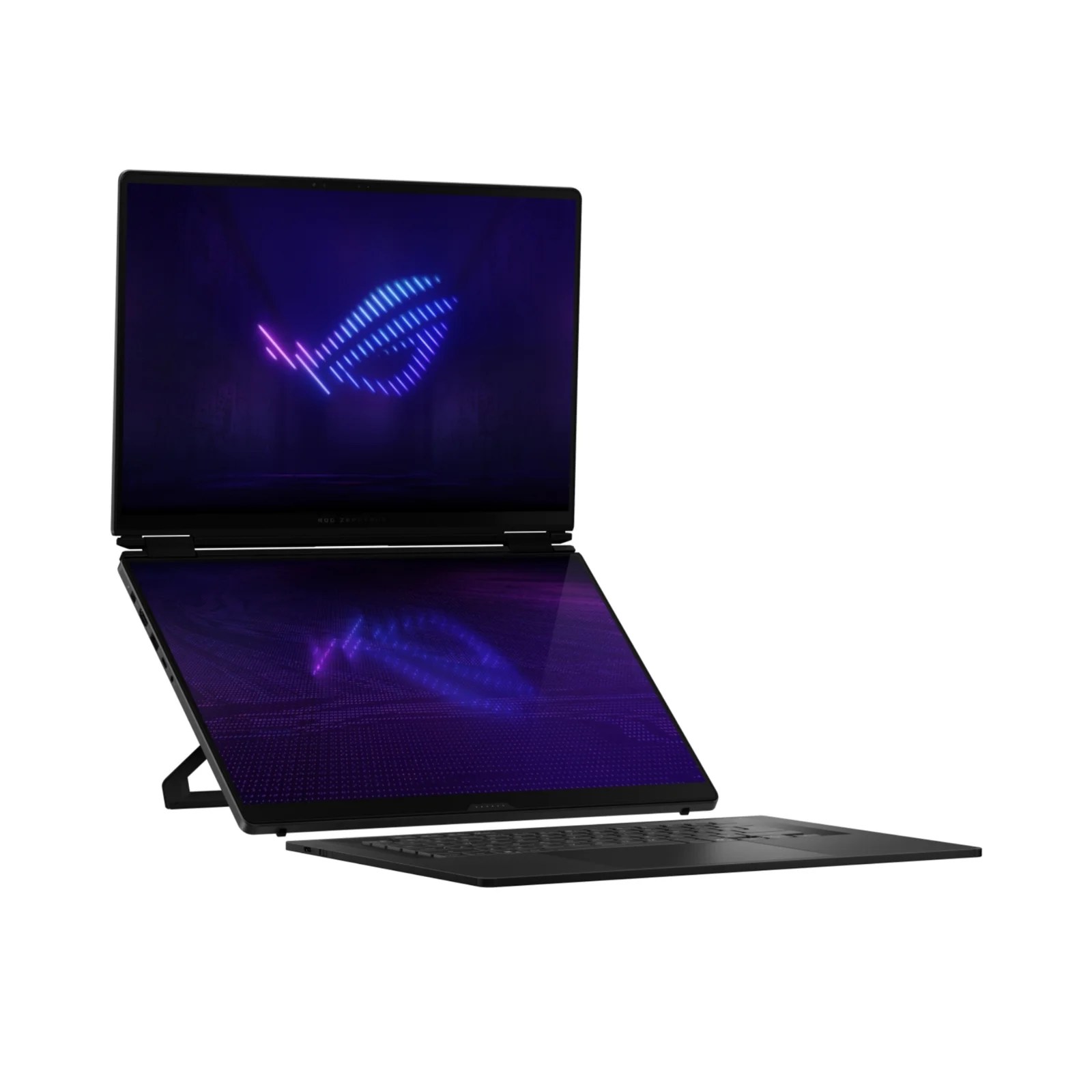 ROG Zephyrus Duo (2026) 的細節展示，包括CNC切削機身和ROG Slash燈效。