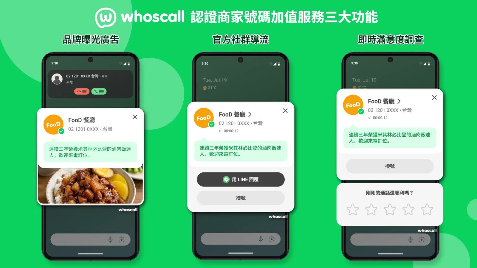 Whoscall 認證商家號碼的品牌曝光廣告與社群導流功能示意