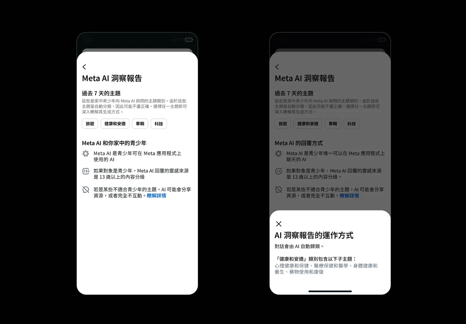Meta AI 家庭中心與家長監護設定操作畫面