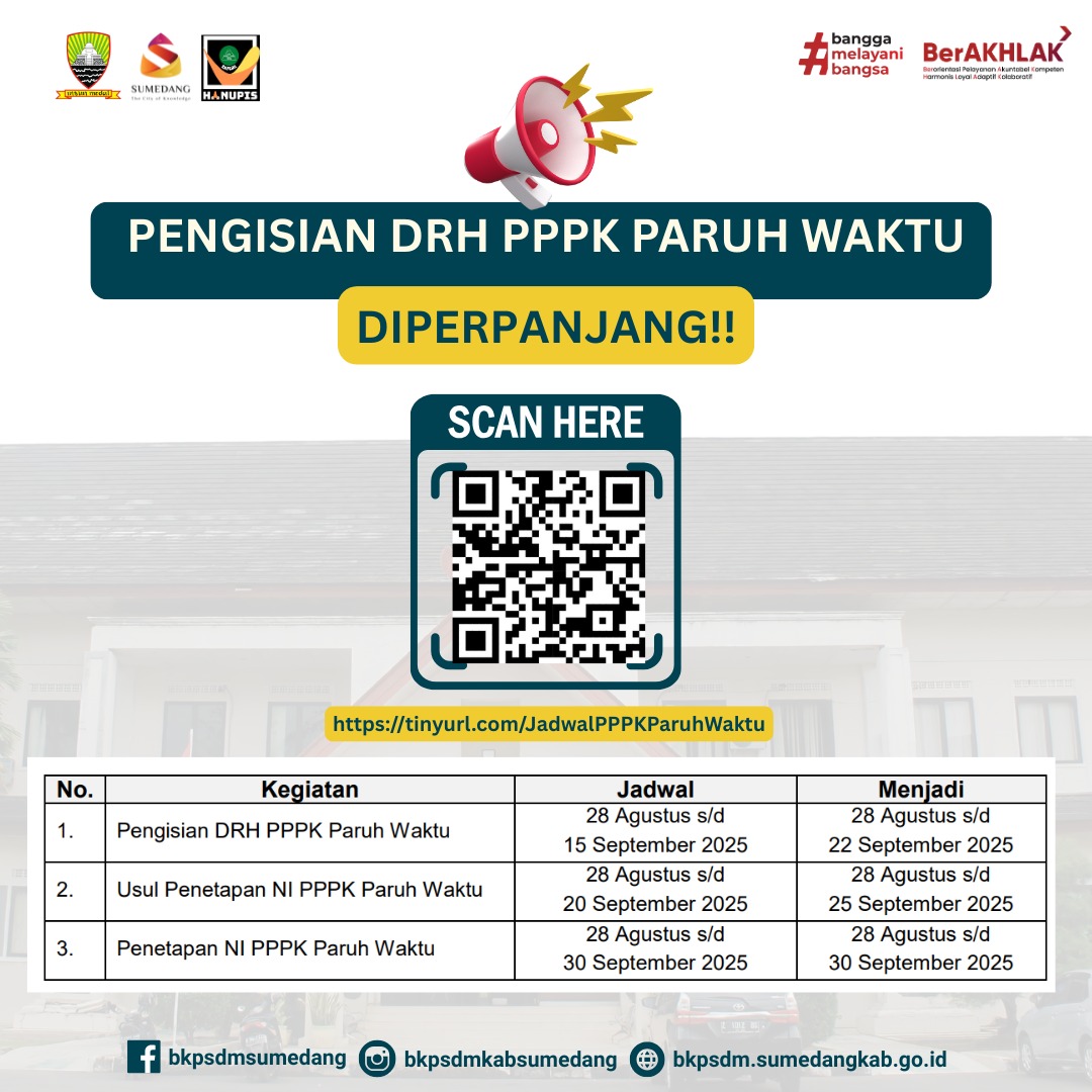Batas waktu pemberkasan bagi calon Pegawai Pemerintah dengan Perjanjian Kerja (PPPK) paruh waktu resmi diperpanjang hingga 22 September 2025, dari sebelumnya 15 September 2025.