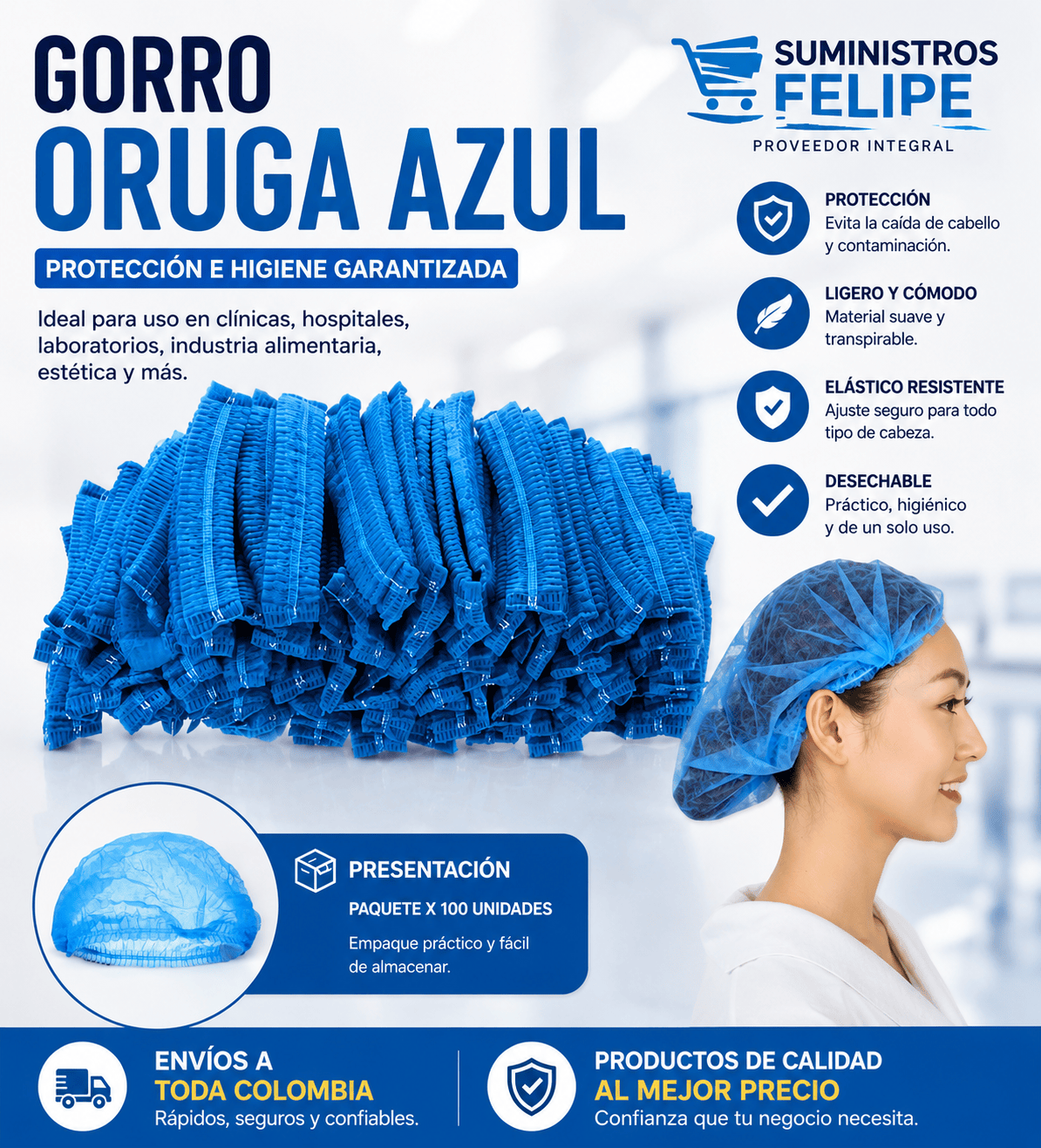 Gorro oruga desechable azul