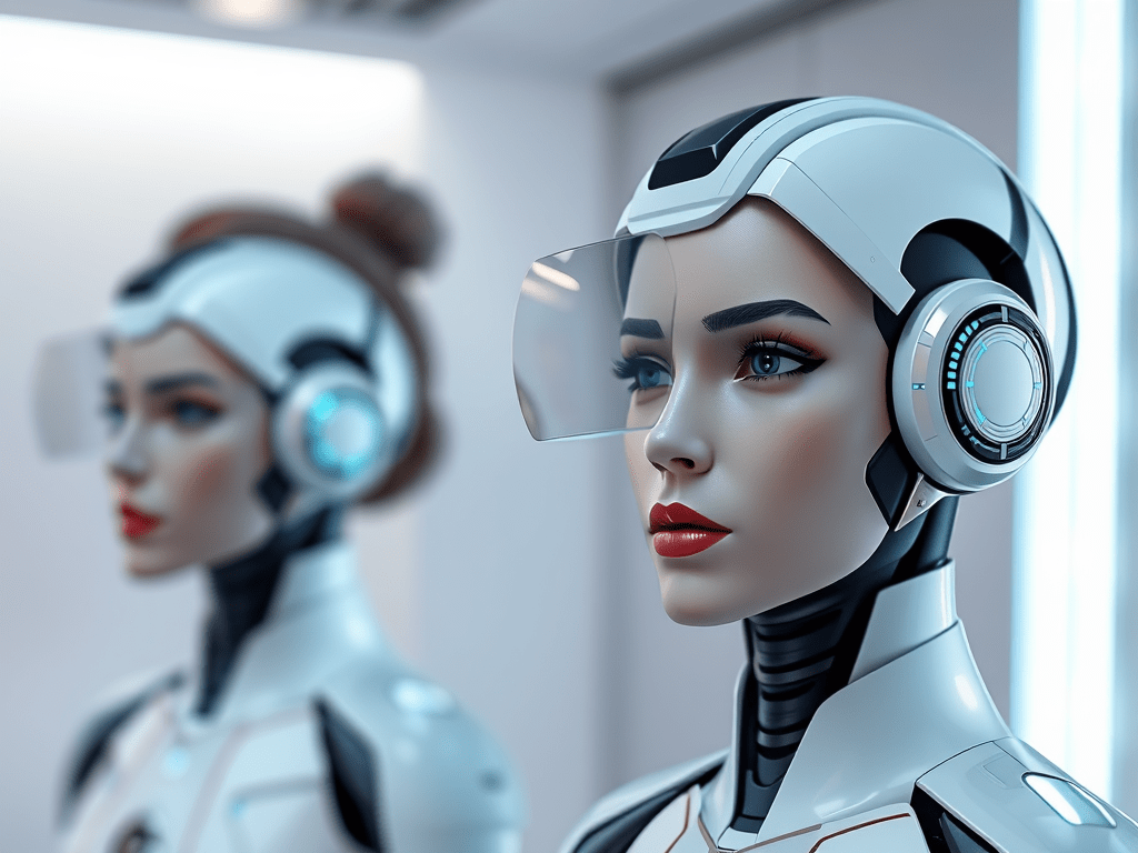 Two futuristic female AI robots with sleek designs and headsets, set in a modern, high-tech environment.
