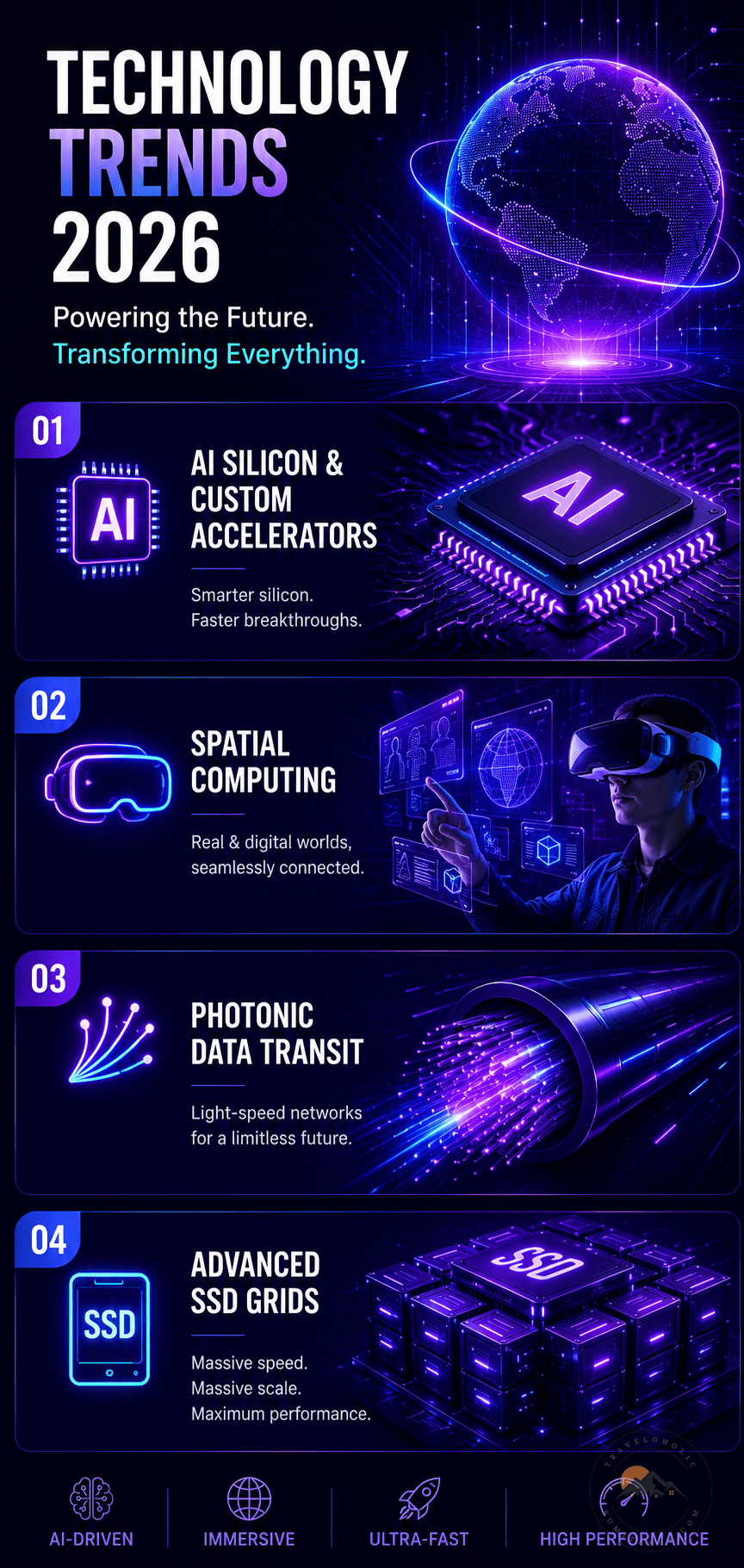 AI Silicon and Custom Accelerators, Spatial Computing, Photonic data Transit, Advanced SSD Grids