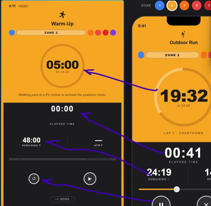 Three-panel comparison: my app next to the reference with hand-drawn arrows
