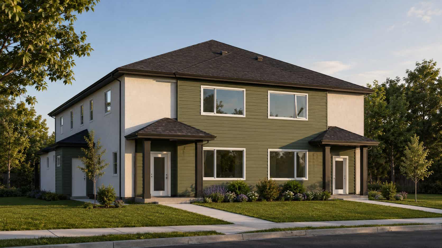 Conceptual rendering of the front of the fourplex planned at 328 Whytewold Road, Winnipeg, with green siding, white stucco wings and two covered entries