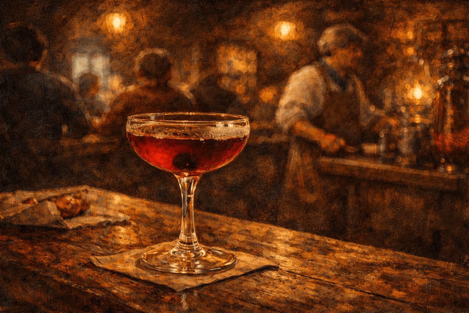 a manhattan cocktail in a fantasy oil painting tavern