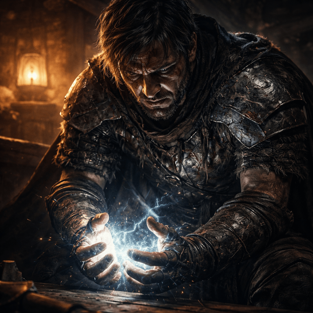 Gritty dark fantasy adventurer pushing beyond limits, damaged armor and glowing magic forming in hands by lantern light