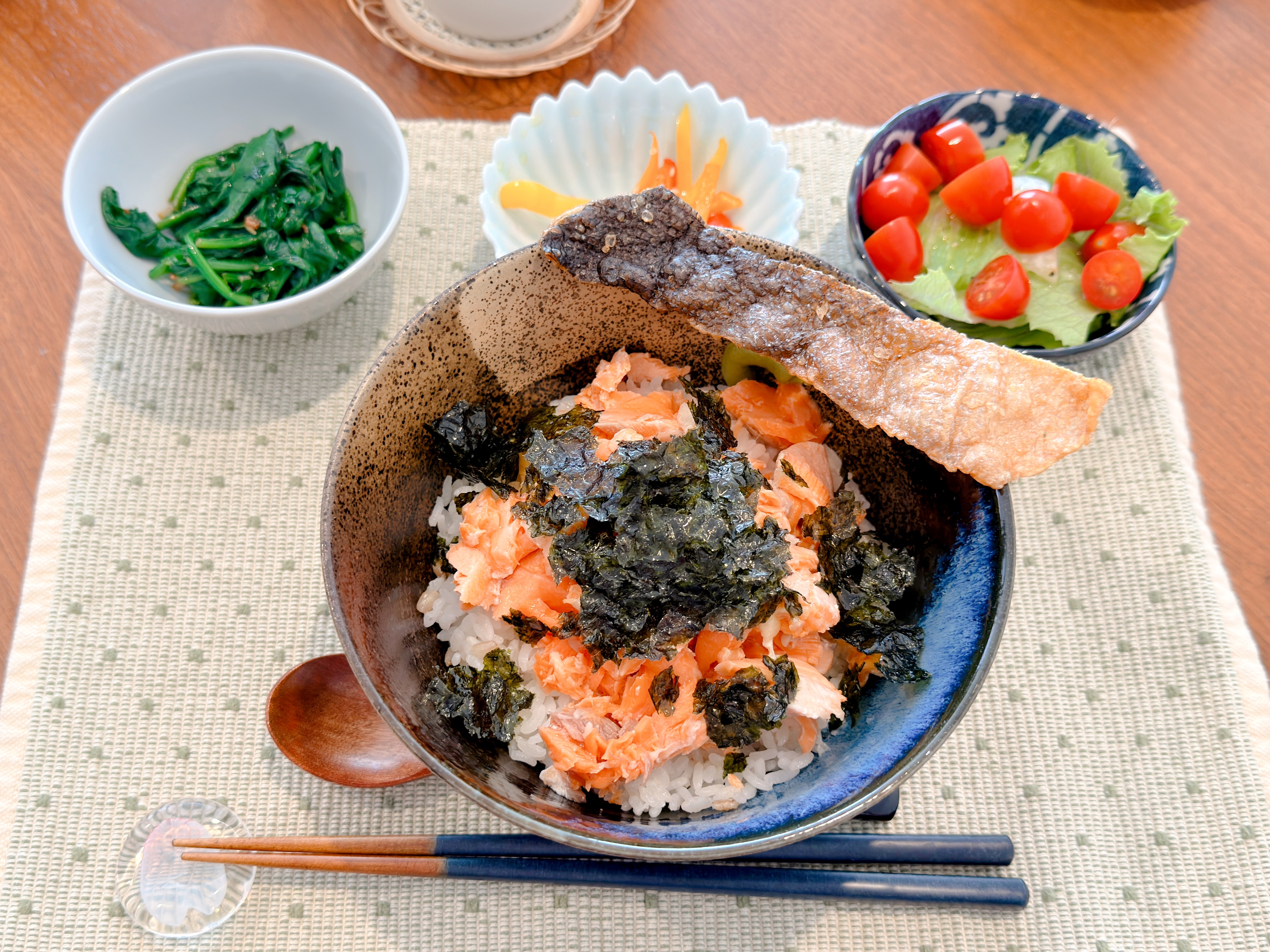 Salmon ochazuke with Ōra King salmon flakes, Korean roasted seaweed and crispy salmon skin served over rice