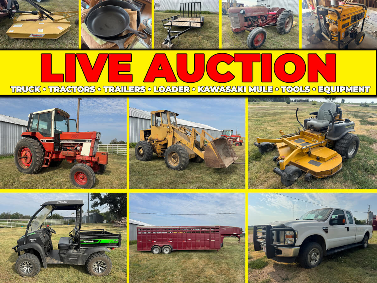 Truck, Tractors, Trailers, Loader, Kawasaki Mule, Tools, Equipment & More – Live Auction North of Walton, KS