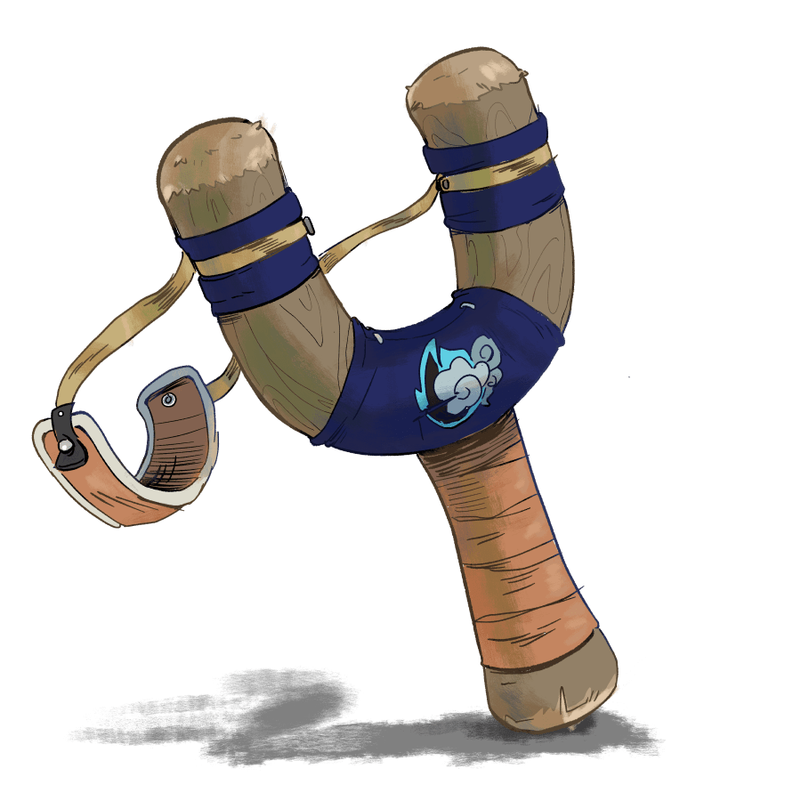 A walnut colored slingshot with the Clowdik logo