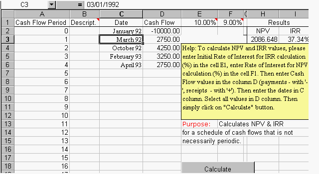 This spreadsheet allows to calculate the npv & irr values for a schedule with periodic cash flows (for example annual). Npv Irr Excel Template For Periodic Cash Flows