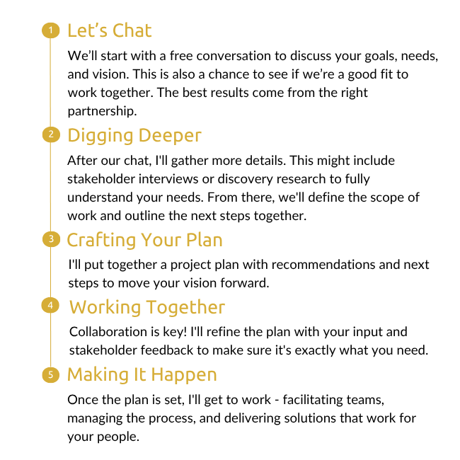 How does it work? 1. Let's Chat 2. Digging Deeper 3. Crafting Your Plan 4. Working Togeher 5. Making it Happen