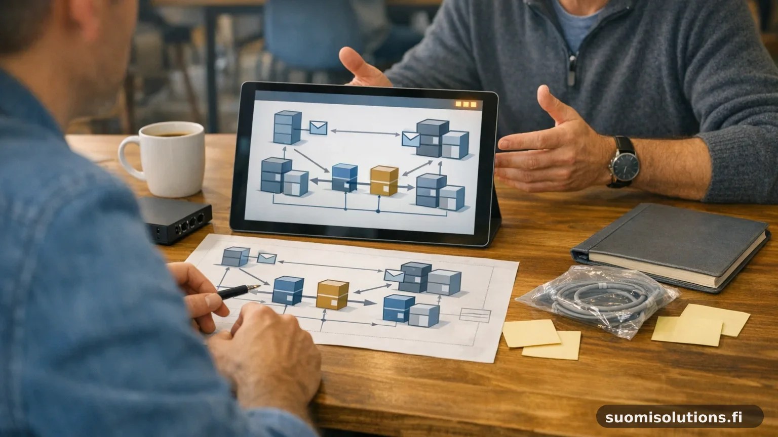 Kaksi henkilöä suunnittelee Exchange Server -migraatiota coworking-tilassa tabletin ja ympäristökartan äärellä.