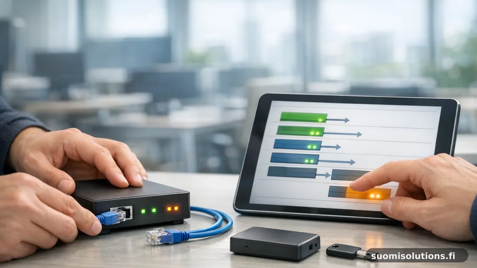 Kädet tarkistavat tabletilta HTTP desync -riskeihin liittyvää valvontanäkymää ja kytkevät kaapelia pieneen reunalaitteeseen modernissa avotoimistossa.