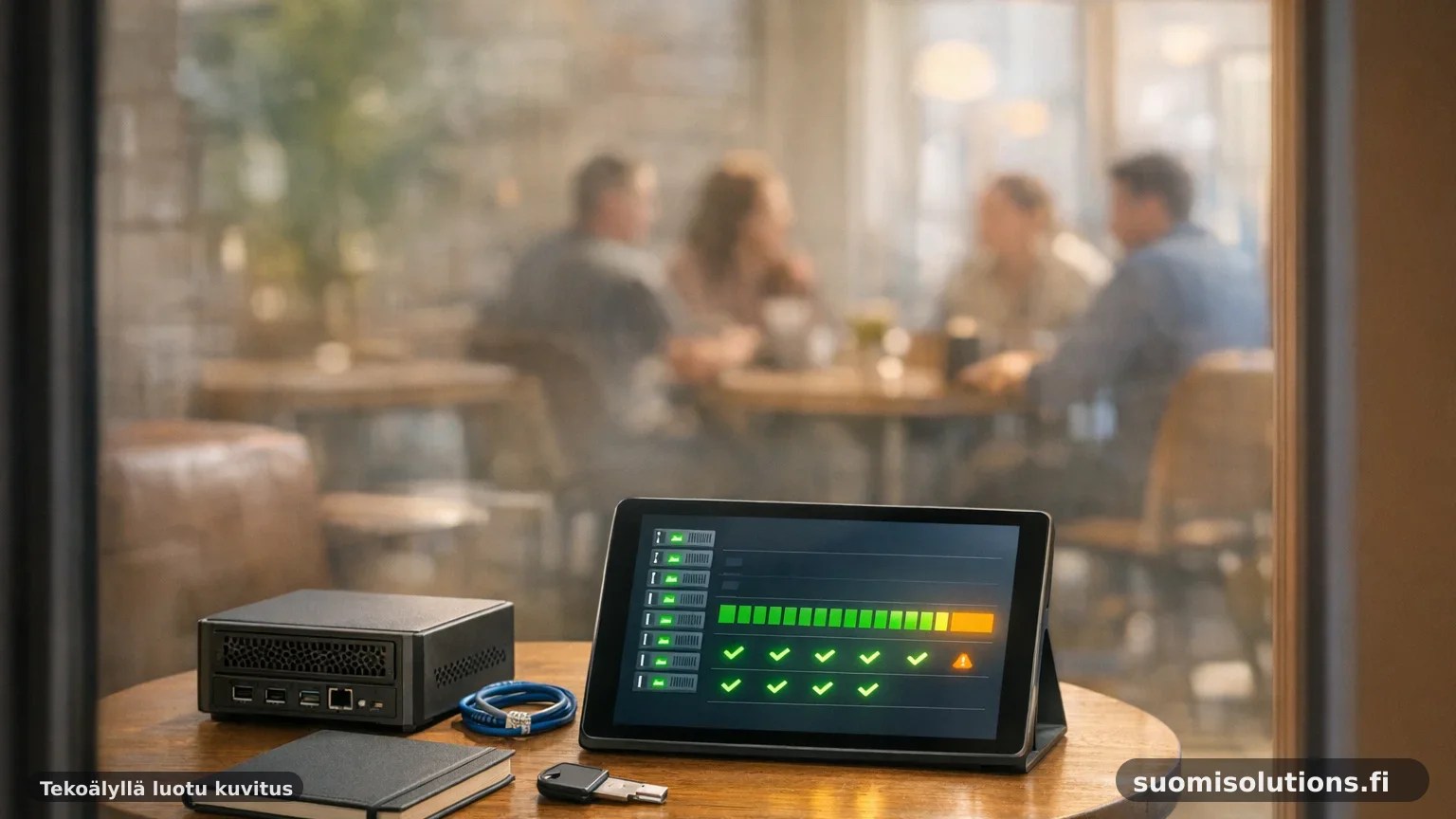 Lasiseinän läpi kuvattu etätyöpiste kahvila- ja coworking-tilassa, jossa tabletilla tarkistetaan palvelinympäristön päivitys- ja elinkaaritilaa.