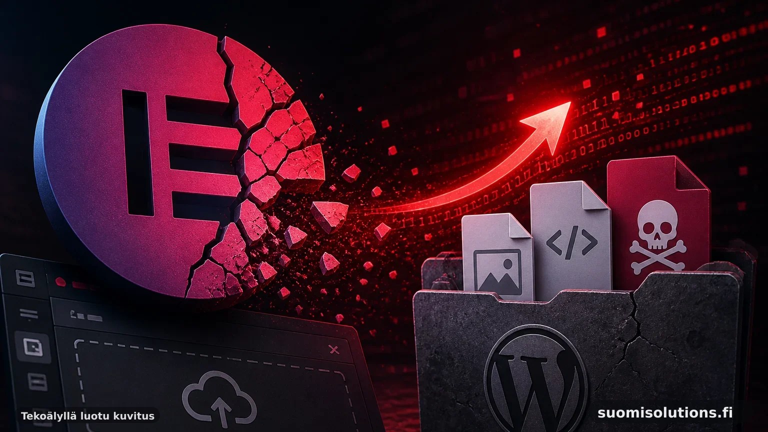 Tekninen 3D-kuva WordPress-lomakkeen tiedostolatauspolusta, jossa poikkeava tiedosto näkyy matkalla julkiseen uploads-hakemistoon.
