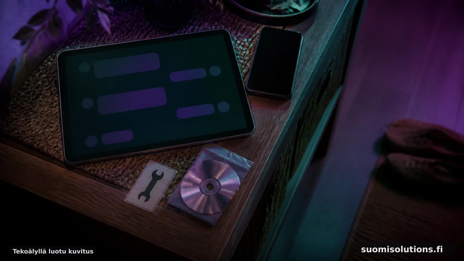 Ylhäältä kuvattu eteispöytä, jossa geneerinen tabletti ja arjen esineet kuvaavat Microsoft Teamsin kautta leviävää SynkLoader-huijausta.