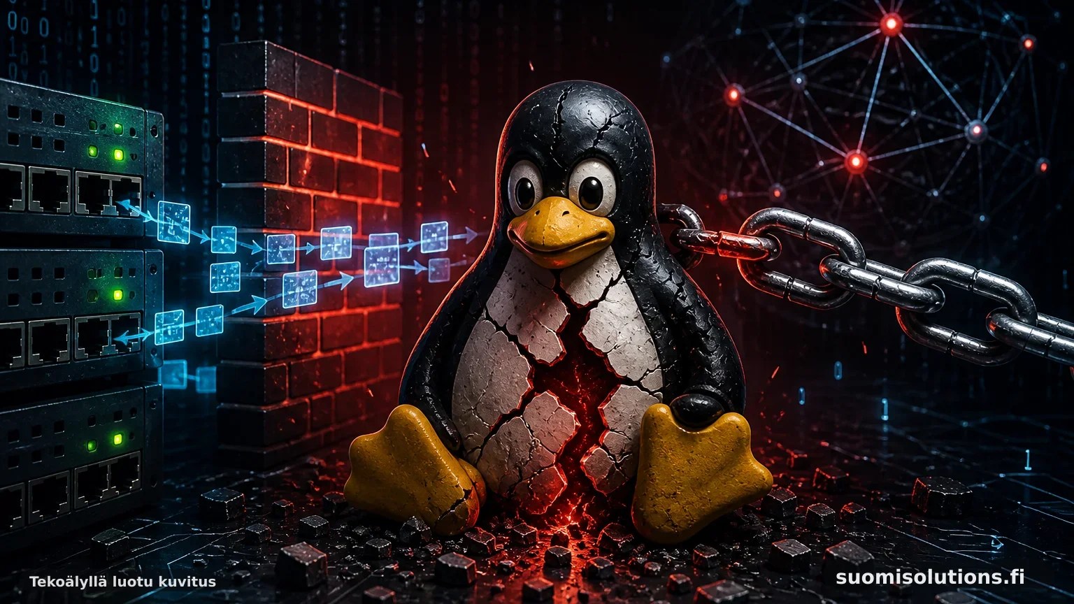 Tekninen 3D-kuva Linux-verkkopinon paketinkäsittelystä, jossa NFQUEUE-jono ja bridge-kerros havainnollistavat CVE-2026-52912-haavoittuvuutta.