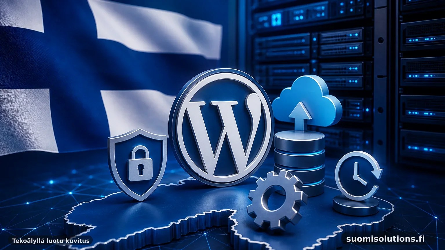 3D-leikkauskuva suomalaisesta WordPress-hostingista, jossa verkkosivusto, varmuuskopiot ja valvonta näkyvät kerroksina.