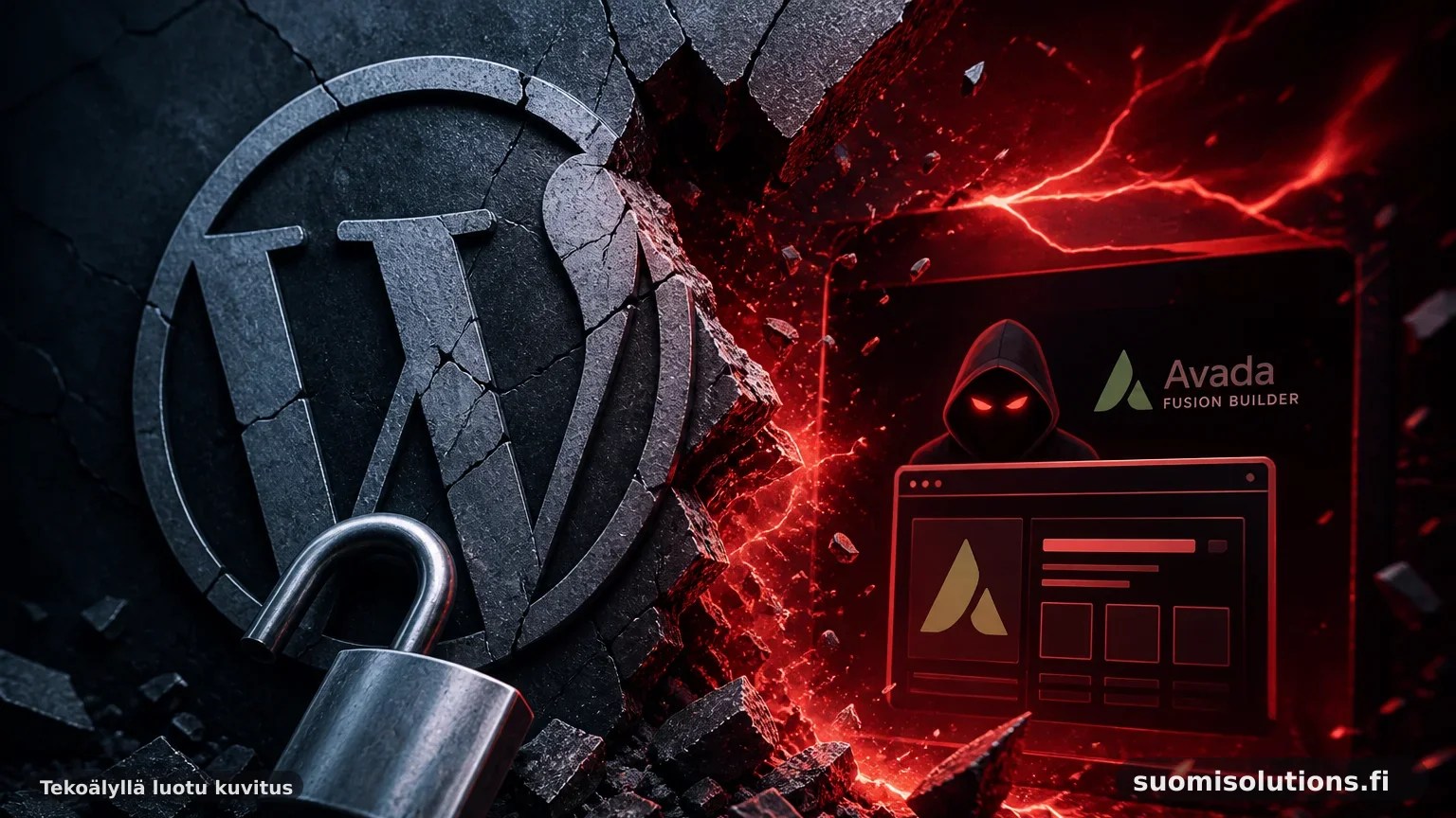 3D-kuvitus WordPress-sivuston teemakerroksista rakennuksen julkisivuna, jossa yksi liitoskohta korostaa Avada-haavoittuvuuden riskiä.