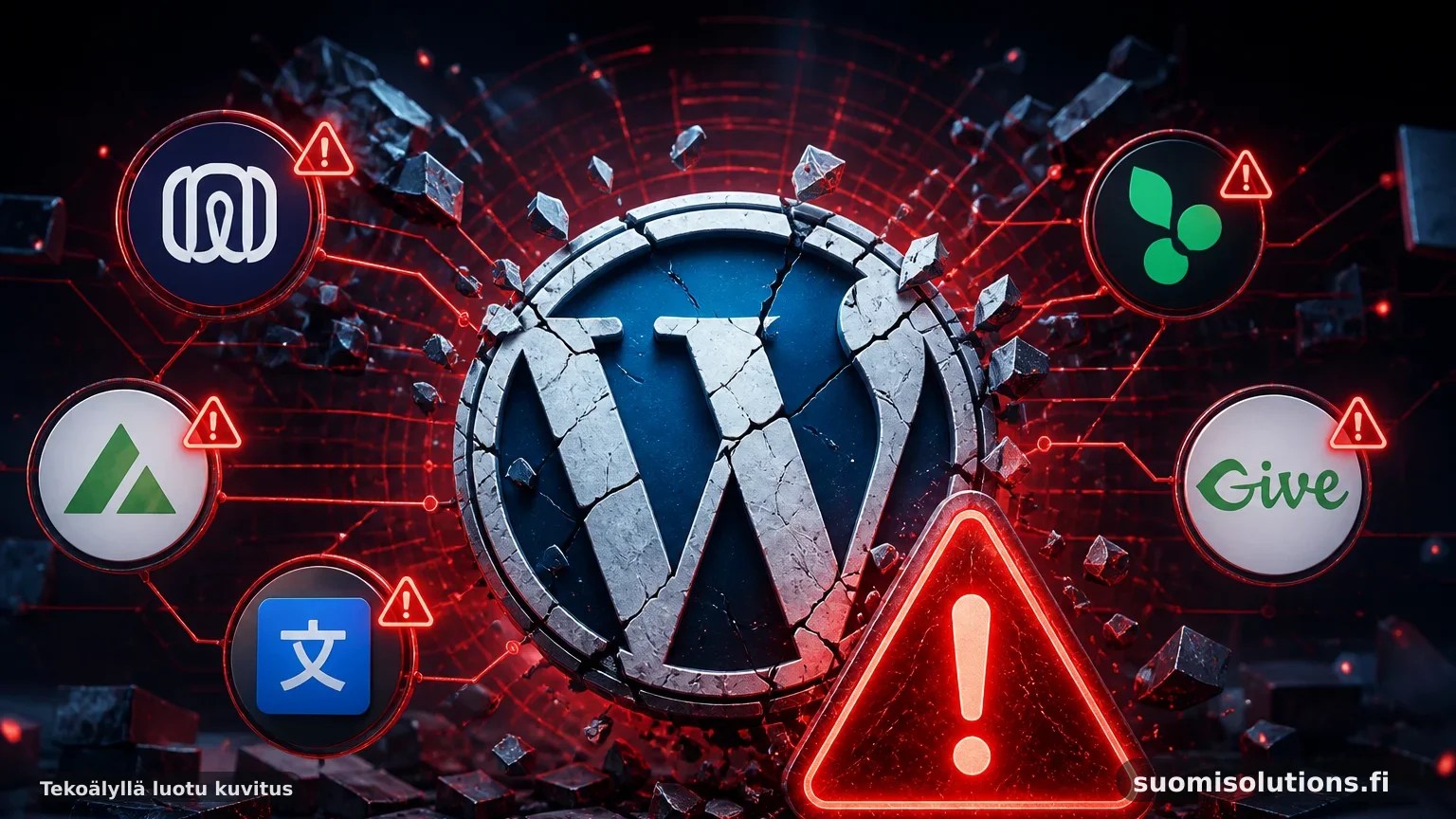 Tekninen 3D-kuva WordPress-sivuston lisäosa- ja teemamoduuleista, joissa viisi riskikohtaa on merkitty hillityllä valolla.