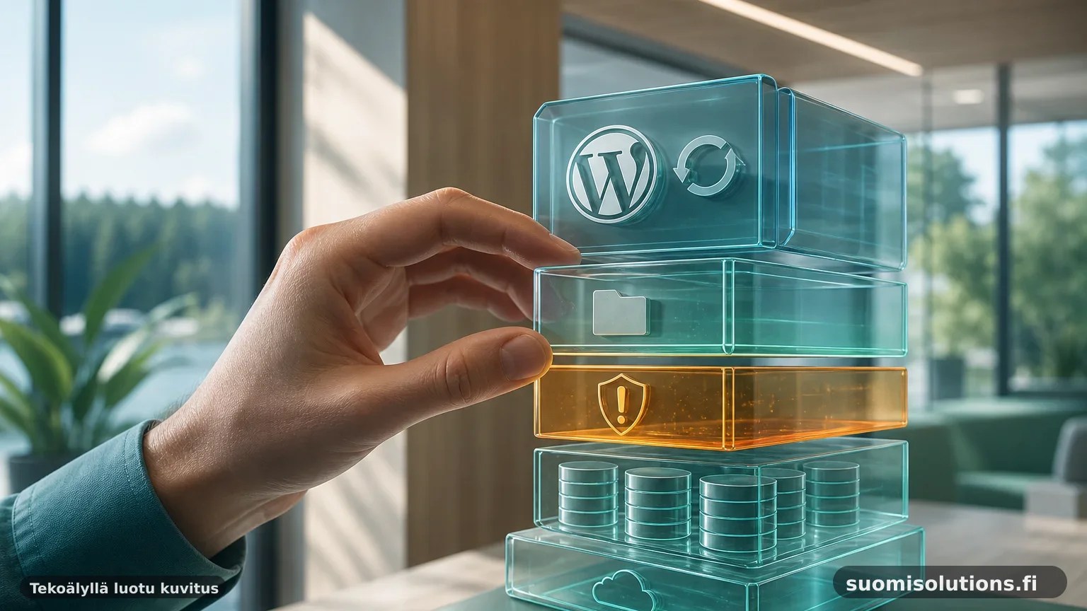 Lähikuva asiantuntijan käsistä tarkistamassa WordPress-varmuuskopioinnin palautusprosessia kuvaavaa teknistä 3D-mallia valoisassa toimistossa.