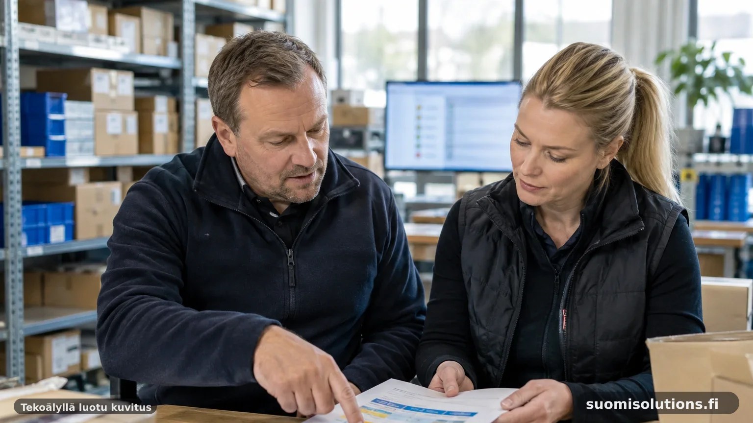 Yrittäjä ja IT-asiantuntija käyvät pk-yrityksen tuotantotilassa läpi Microsoft 365 -tietoturvan tarkastusraporttia.