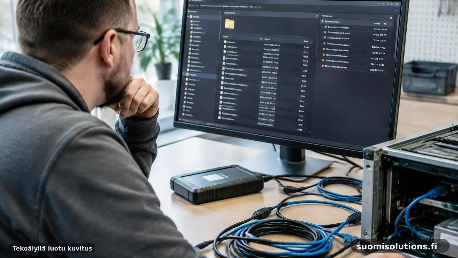 Teknikko tarkistaa WordPress-sivuston teemakansiota ja tiedostomuutoksia ylläpitotyöpajan huoltopisteessä.