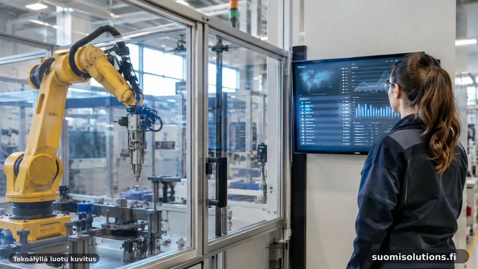 Asiantuntija tarkistaa AI-agenttien käyttöoikeuksia robotiikan testisolussa geneeriseltä valvontanäytöltä.