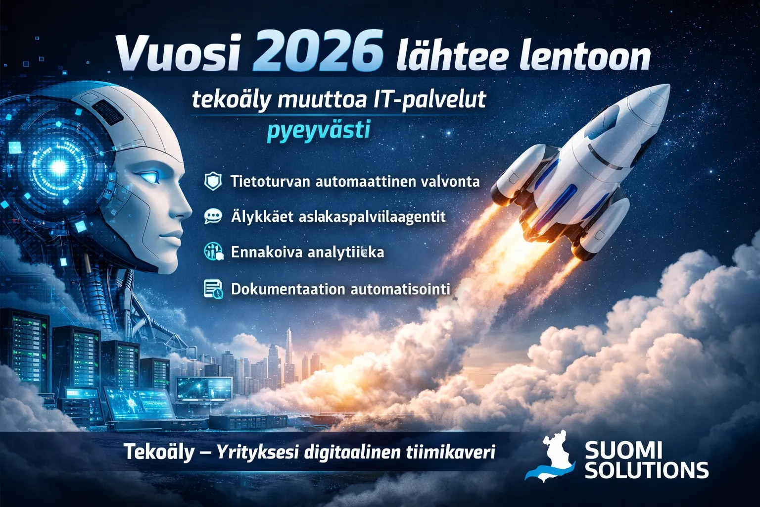 Tekoäly IT-palveluissa vuonna 2026, automaatio, tietoturva, ennakoiva analytiikka, dokumentaation automaatio, älykkäät asiakaspalveluagentit, Suomi Solutions.