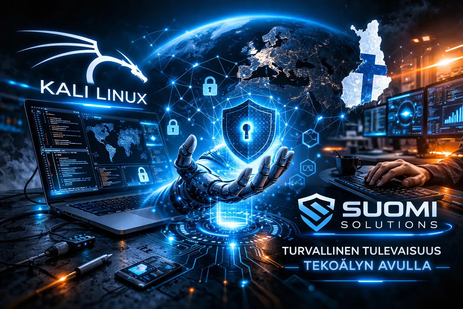 Kuvassa näkyy moderni teknologinen ympäristö, jossa käytetään Kali Linux -käyttöjärjestelmää. Kuvassa on avaruusmaailma ja digitaalinen turvallisuus symboloitu lukituskuvioin. Etualalla on robottikäsivarsi, joka pitää suojakilpeä, ja taustalla näkyy tietokoneita, jotka esittävät data-analytiikkaa. Kuvan alaosassa on Suomi