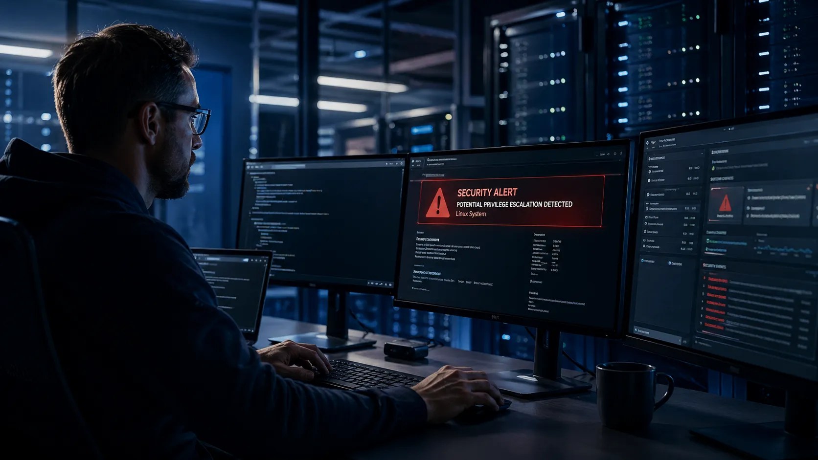 Kyberturvallisuusasiantuntija työskentelee useiden näyttöjen äärellä, joissa näkyy hälytys mahdollisesta etuoikeuksien noususta Linux-järjestelmässä. Taustalla näkyy palvelimia ja koodirivejä, mikä korostaa työympäristön teknistä luonteenpiirrettä.