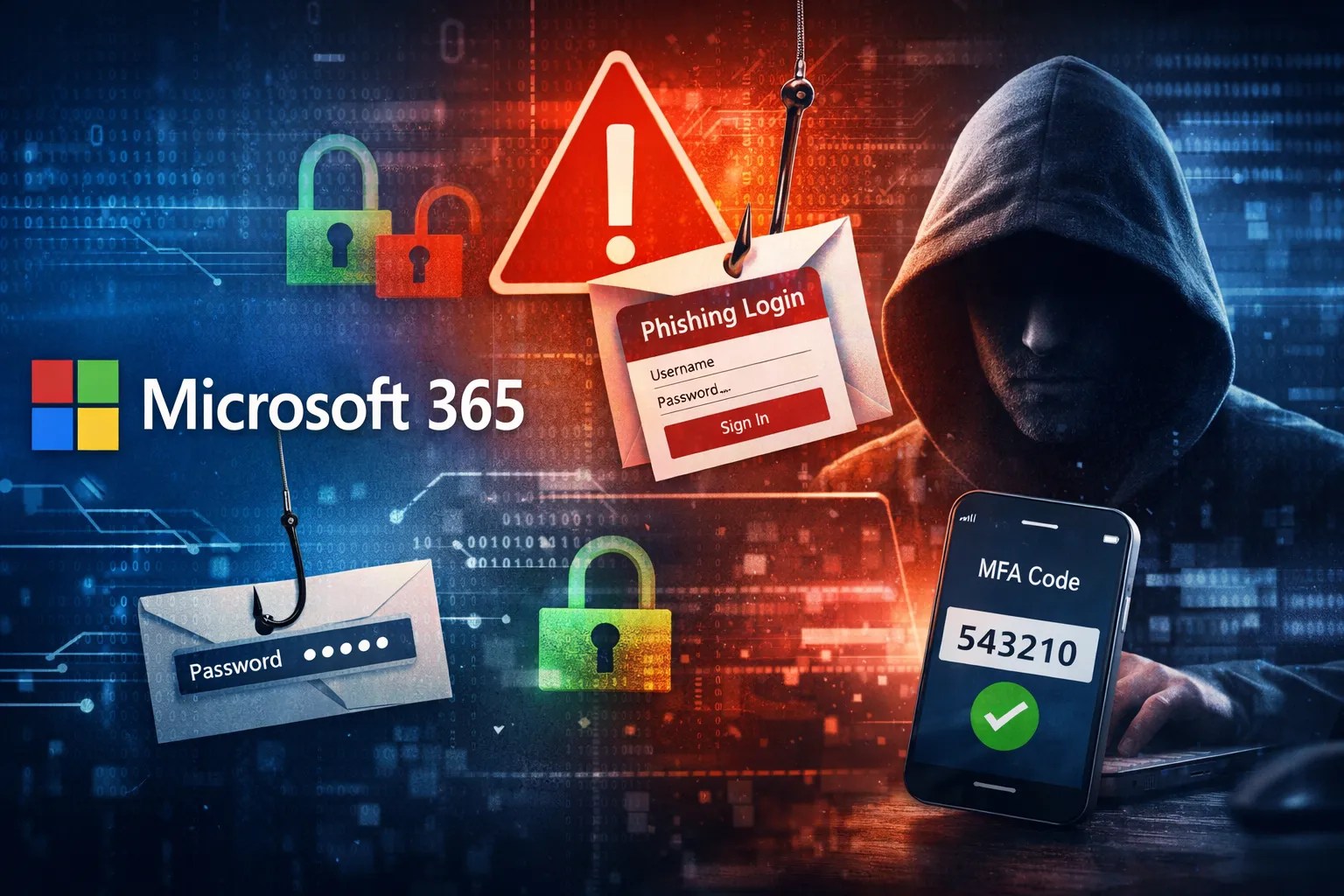 Kuva, joka havainnollistaa Microsoft 365:n kyberturvallisuutta, sisältää phishing-hyökkäystä kuvaavan ilmoituksen, salasanoja ja monivaiheista todennusta. Taustalla näkyy digitaalinen ympäristö, jossa on lukkoja ja varoitusmerkkejä, korostaen tietoturvan merkitystä nykypäivän digitaalisessa maailmassa.