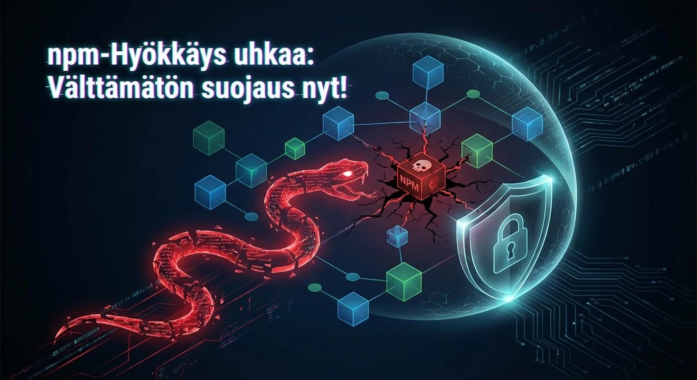 NPM-hyökkäysuhka ja sen torjunta, digitaalinen turvallisuus, ohjelmistokehitys, kyberturvallisuus, suojausratkaisut.