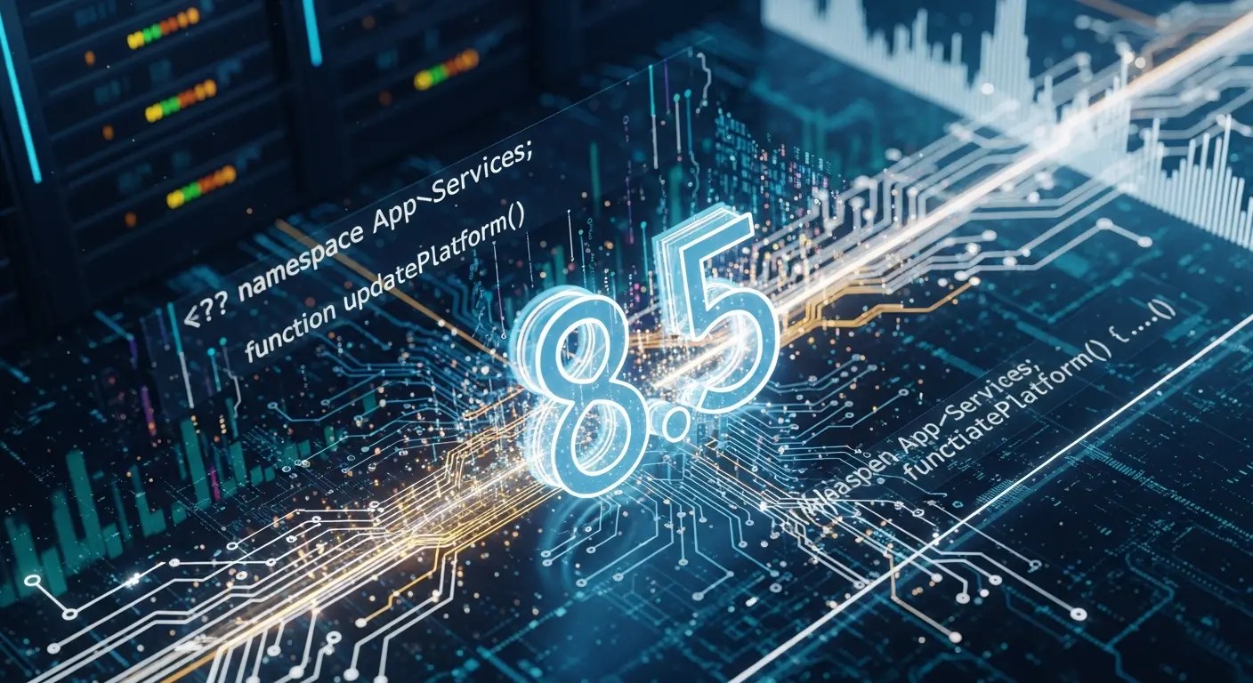 Kuvassa on digitaalinen tausta, jossa näkyy sähköisiä piirilevyjä ja ohjelmointikoodia. Keskellä on numero 8.5, joka viittaa mahdollisesti ohjelmistoversionumeroon. Taustalla on graafisia elementtejä, kuten kaavioita ja tietoliikenneyhteyksiä, jotka symboloivat teknologiaa ja ohjelmistopalveluja.