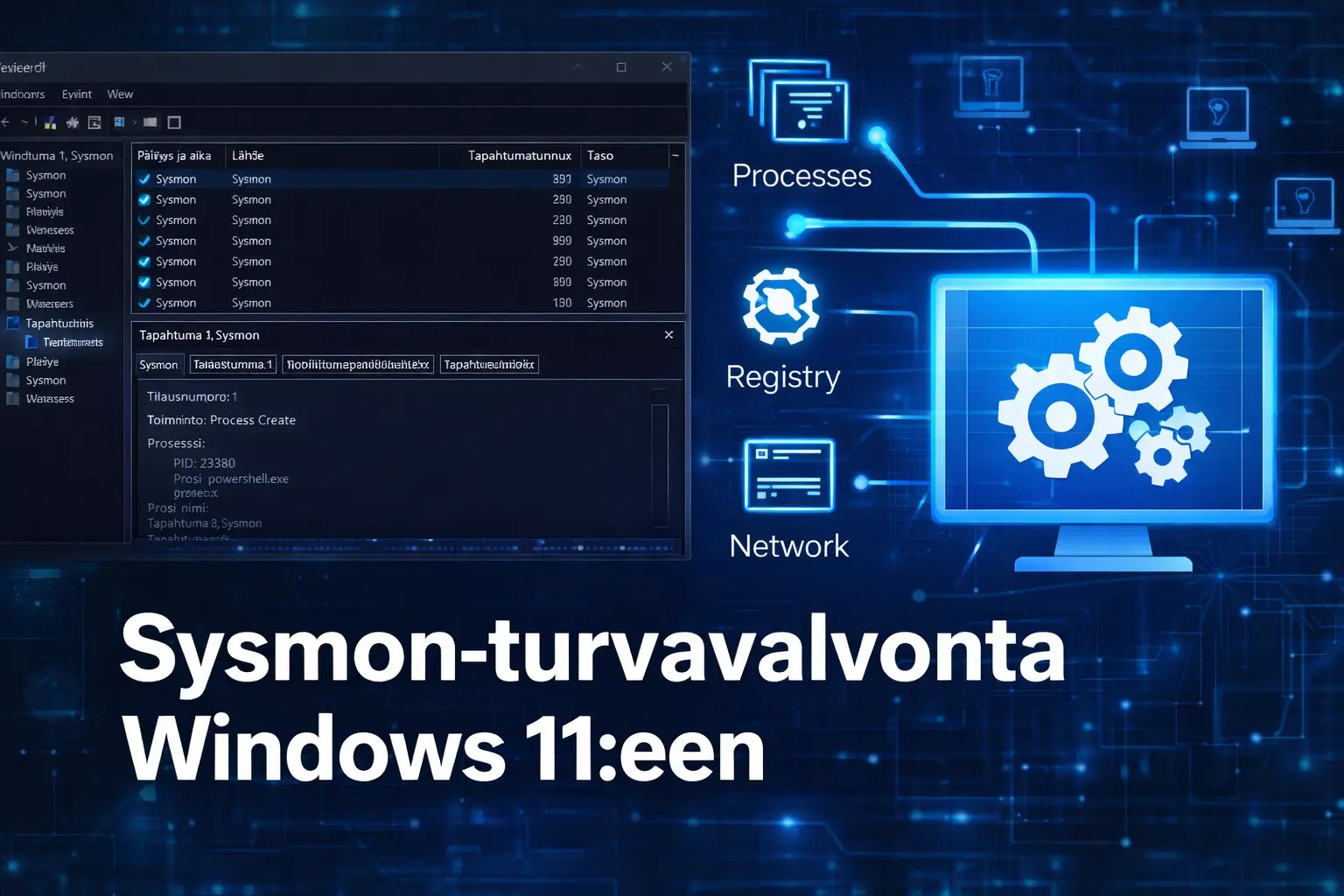 Sysmon-turvavalvonta Windows 11:ssä, näyttökuva Sysmonin käyttöliittymästä, jossa näkyvät tapahtumat, prosessit ja rekisteritiedot, sekä graafiset elementit, jotka kuvaavat järjestelmän valvontaa ja turvallisuutta.