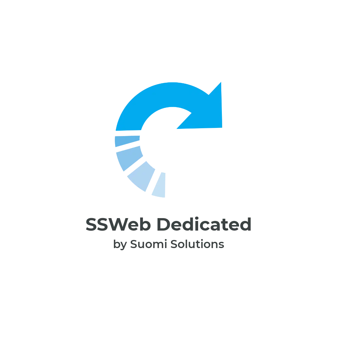 SSWeb Dedicated -logo, Suomi Solutionsin tarjoama palvelu, joka keskittyy verkkosivujen tehokkuuteen ja luotettavuuteen.