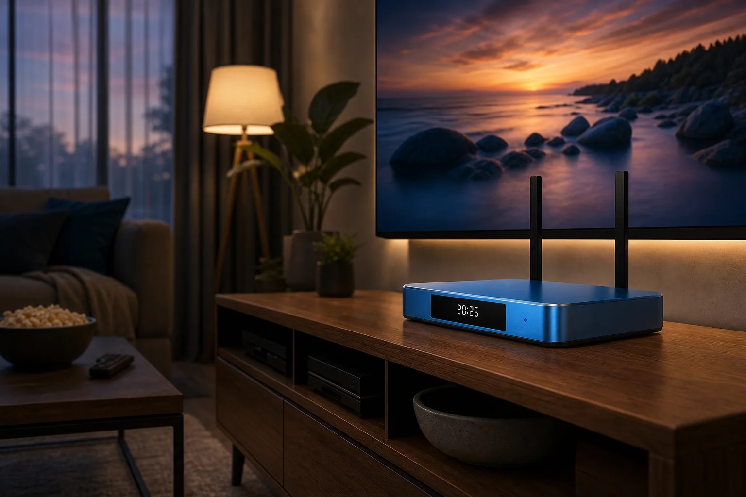 SuperBox S7 Max review, streaming box on a media console in a living room