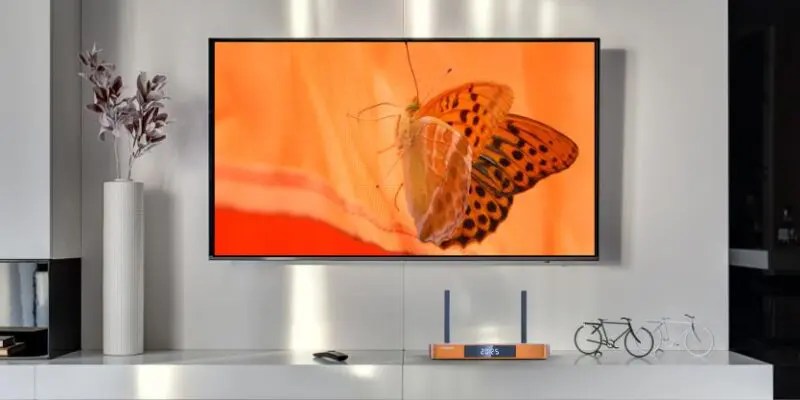 Flat-screen TV on a white wall shows a close-up of an orange butterfly; a white vase with dried flowers and small bicycle models sit on the cabinet below.