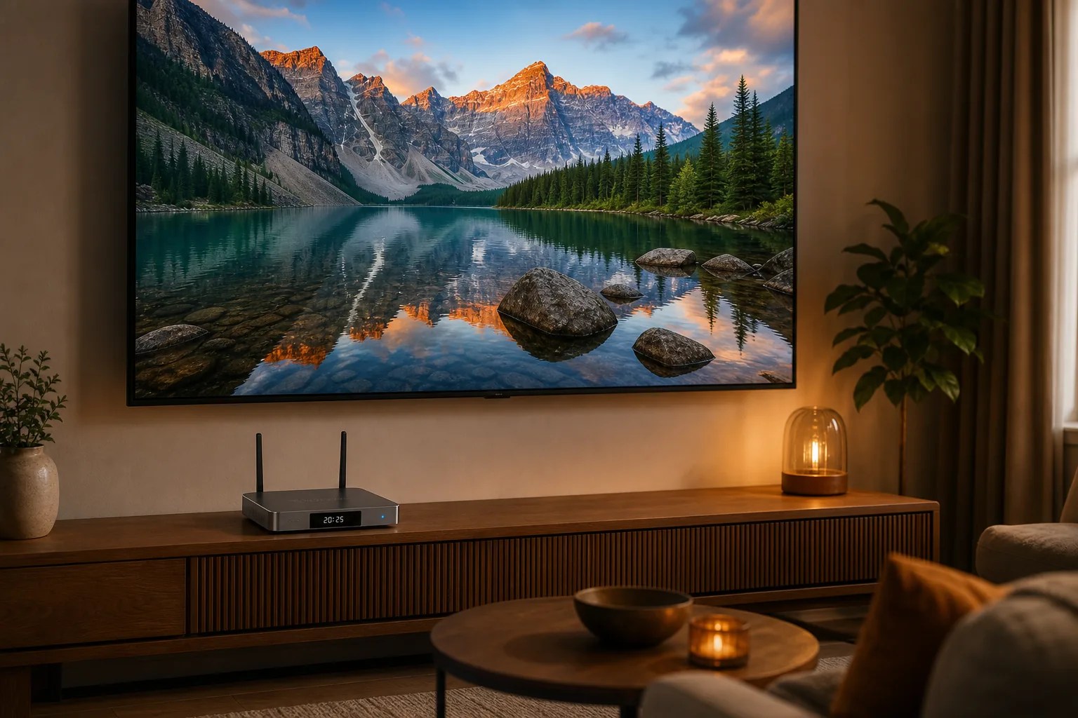 4K vs 6K streaming box, SuperBox S7 Ultra below a high-resolution TV in a living room