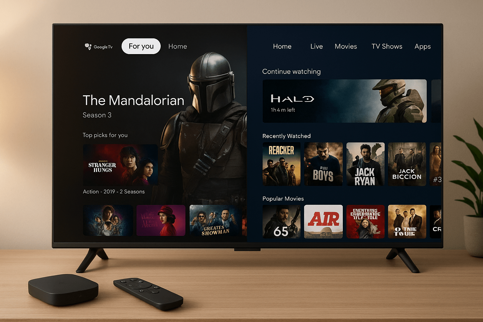 Android TV streaming box next to a smart television showing two different streaming interfaces side by side
