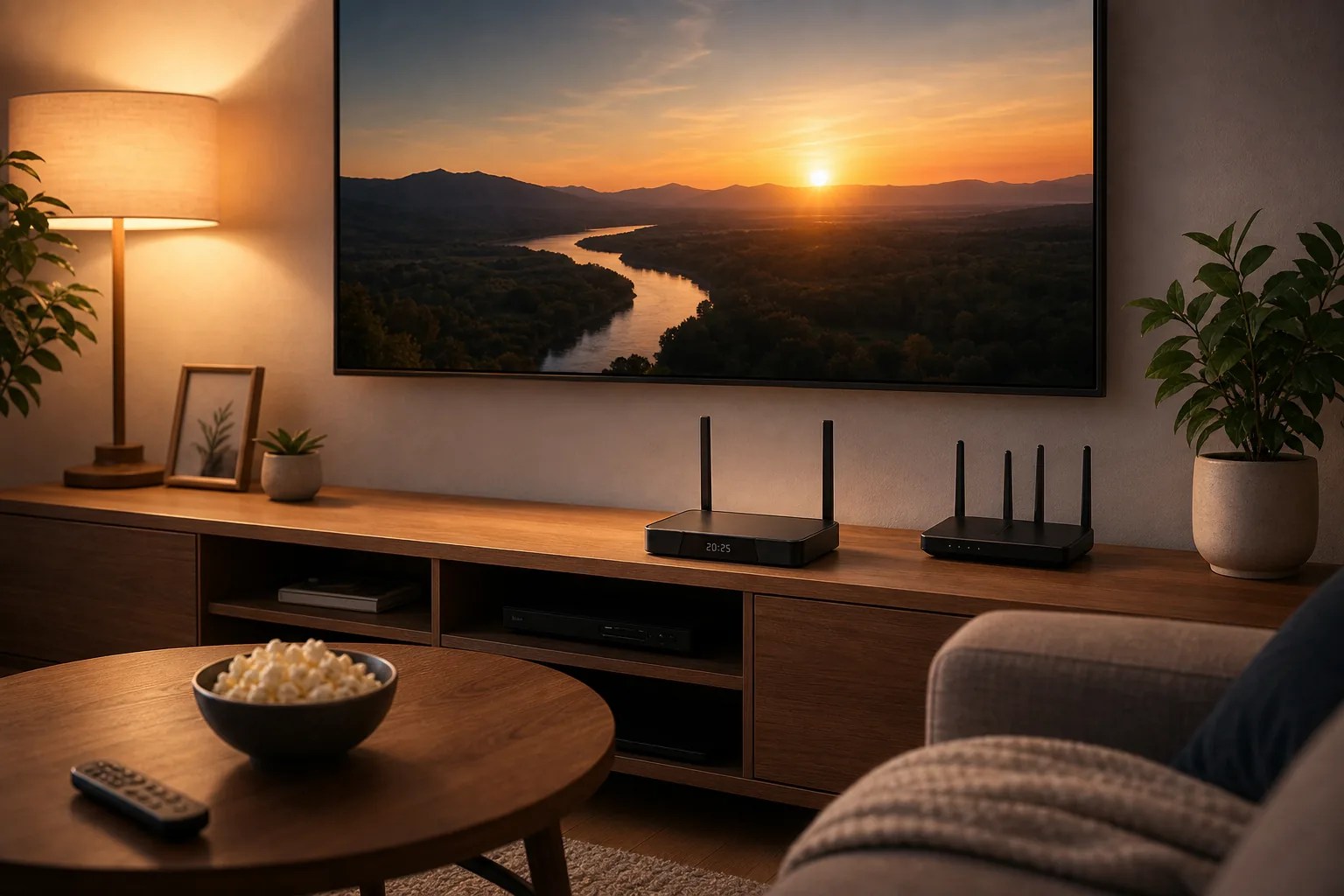 SuperBox S7 Pro connected to WiFi in a cozy living room with a wall-mounted TV