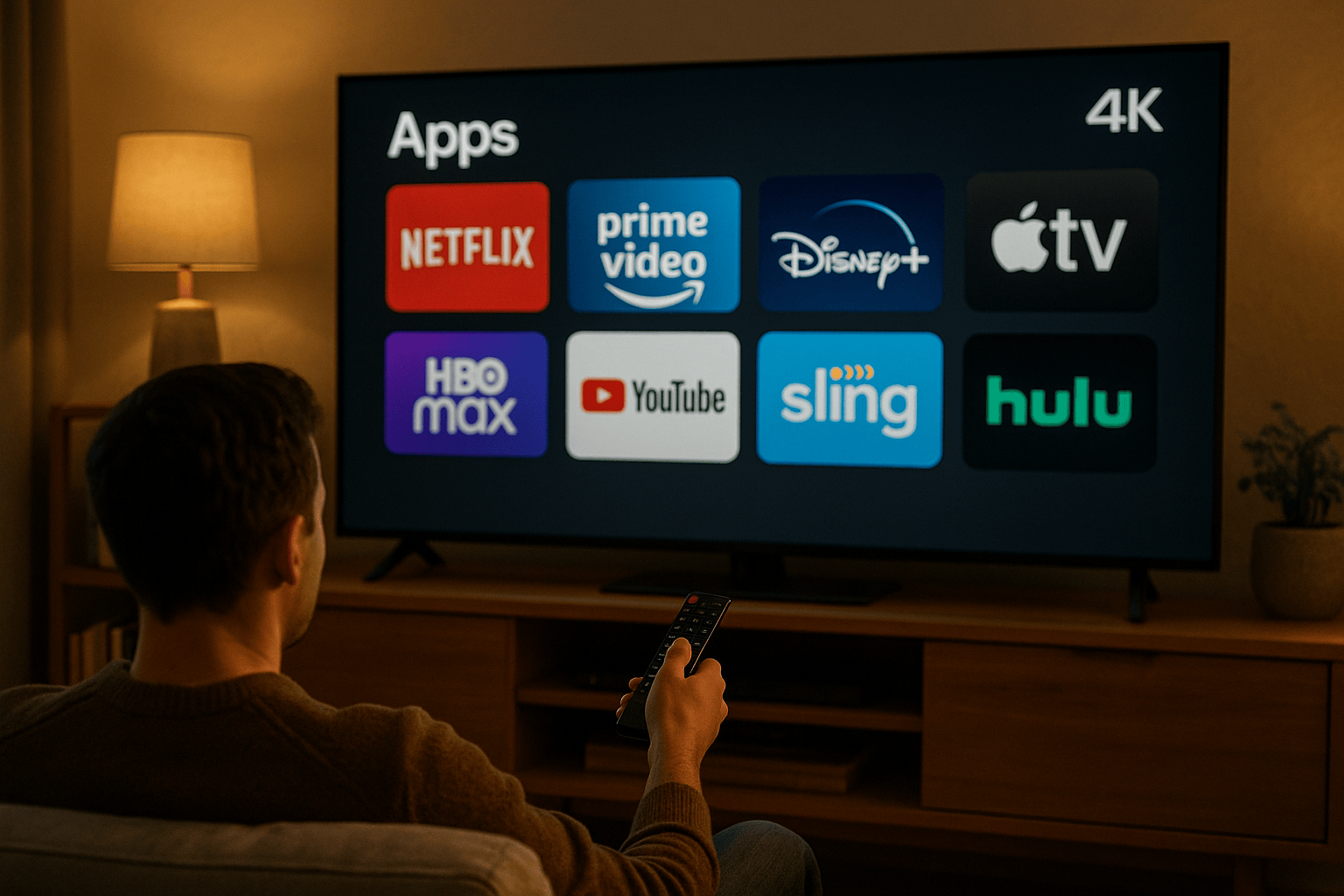 Person browsing Android app store on a 4K television using a streaming remote in a cozy living room