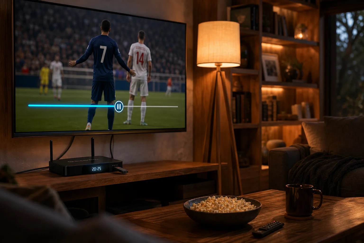 SuperBox S7 Pro recording live TV with time shift in a home living room